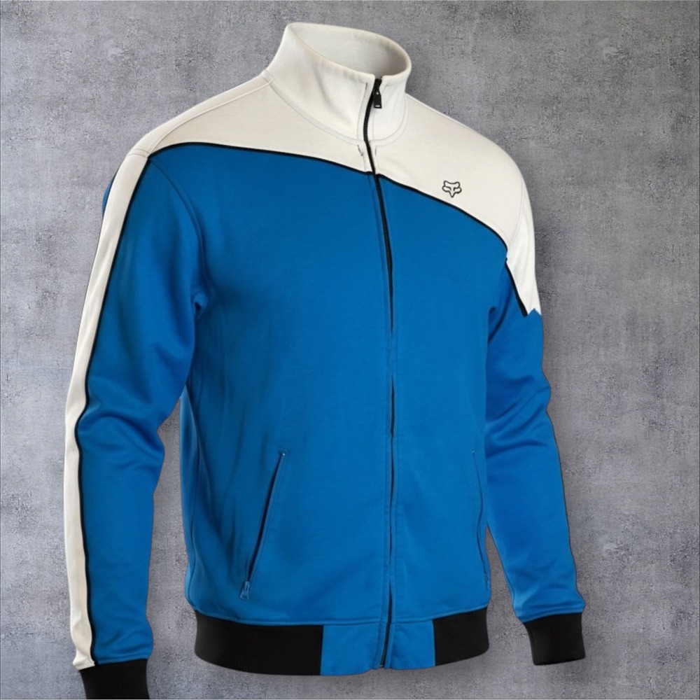 Fox Racing Track Jacket L Blue White Colorblock Full Zip Back Logo Graphic